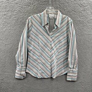 Worthington Women Top 6 White Blue Striped‎ Button Front Long Sleeve Shirt
